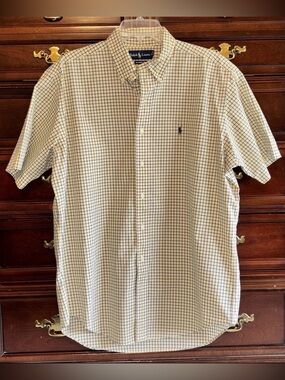 Ralph Lauren Shirt Yellow Blue Gingham Check Short Sleeve Button Down Blue Pony